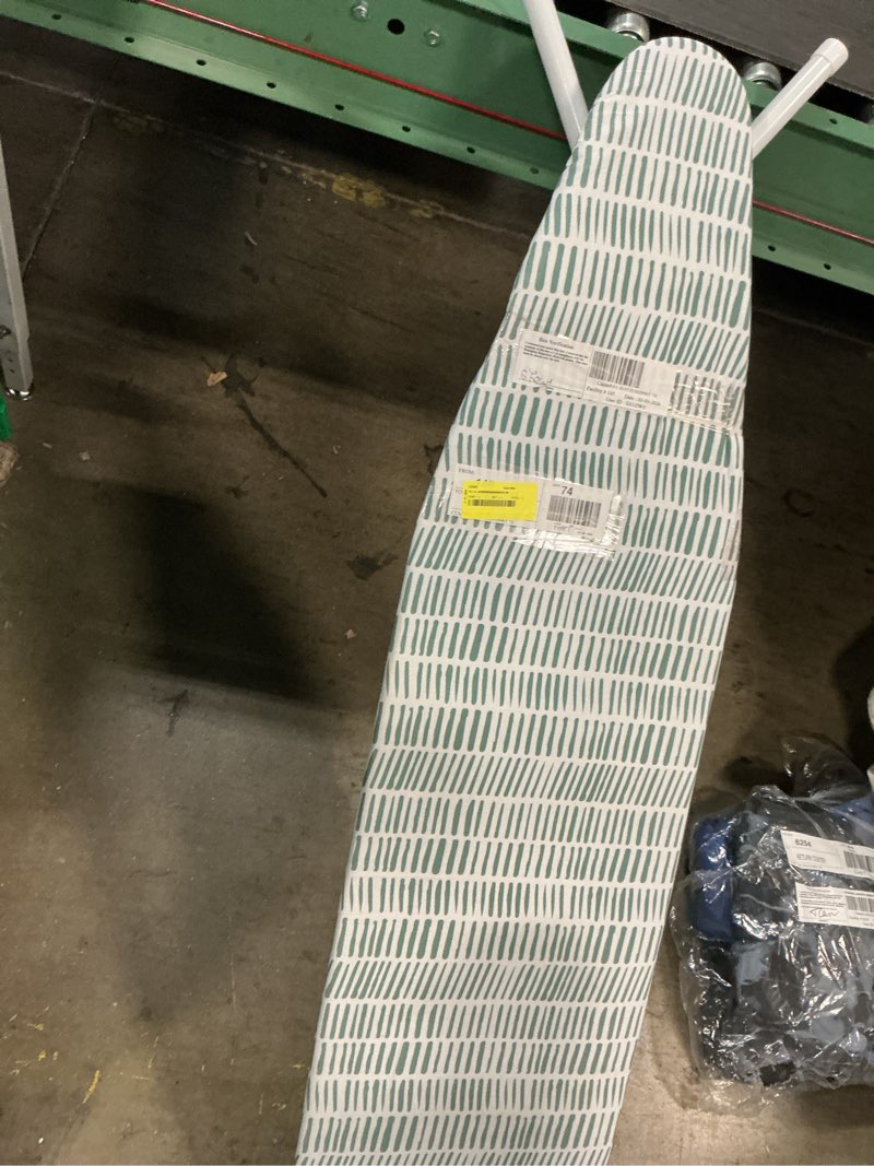 Condition photo showing As Is for mainstays full?size 4?leg ironing board – 53" x 14", adjustable height, steel frame, thick padded cotton cover, non?slip feet, lattice grey