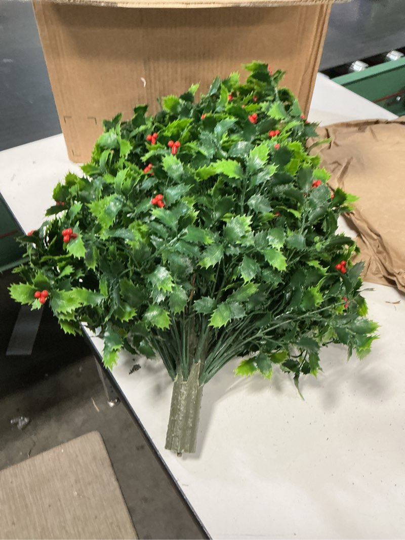 Condition photo showing Good Condition for set of 2 artificial holly & red berry topiary balls, 25" uv-resistant faux evergreen shrubs with ground spikes — festive outdoor and indoor holiday décor plants for porch, patio, and garden 2pcs 25in christmas holly with red berry