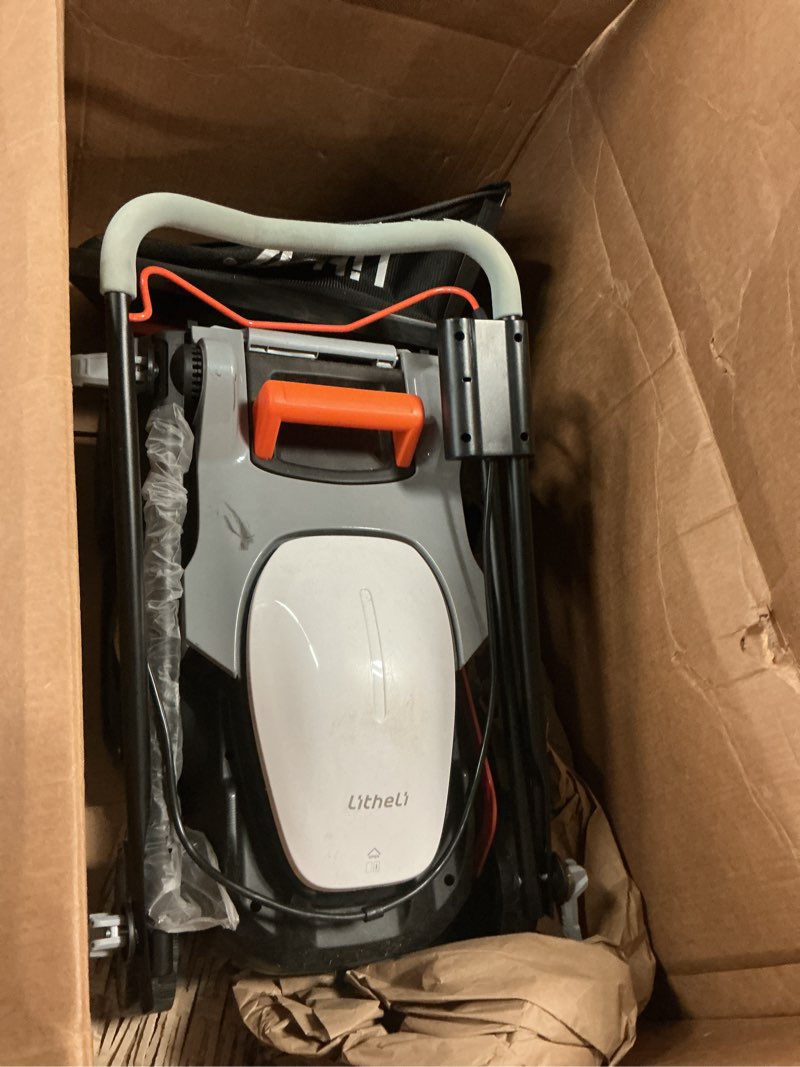 Condition photo showing As Is for litheli cordless lawn mower 13 inch, u20 handy+ 20v electric lawn mowers for garden, yard and farm, 5 heights adjustment, light weight,4.0ah portable battery included orange 1 battery 13 inch