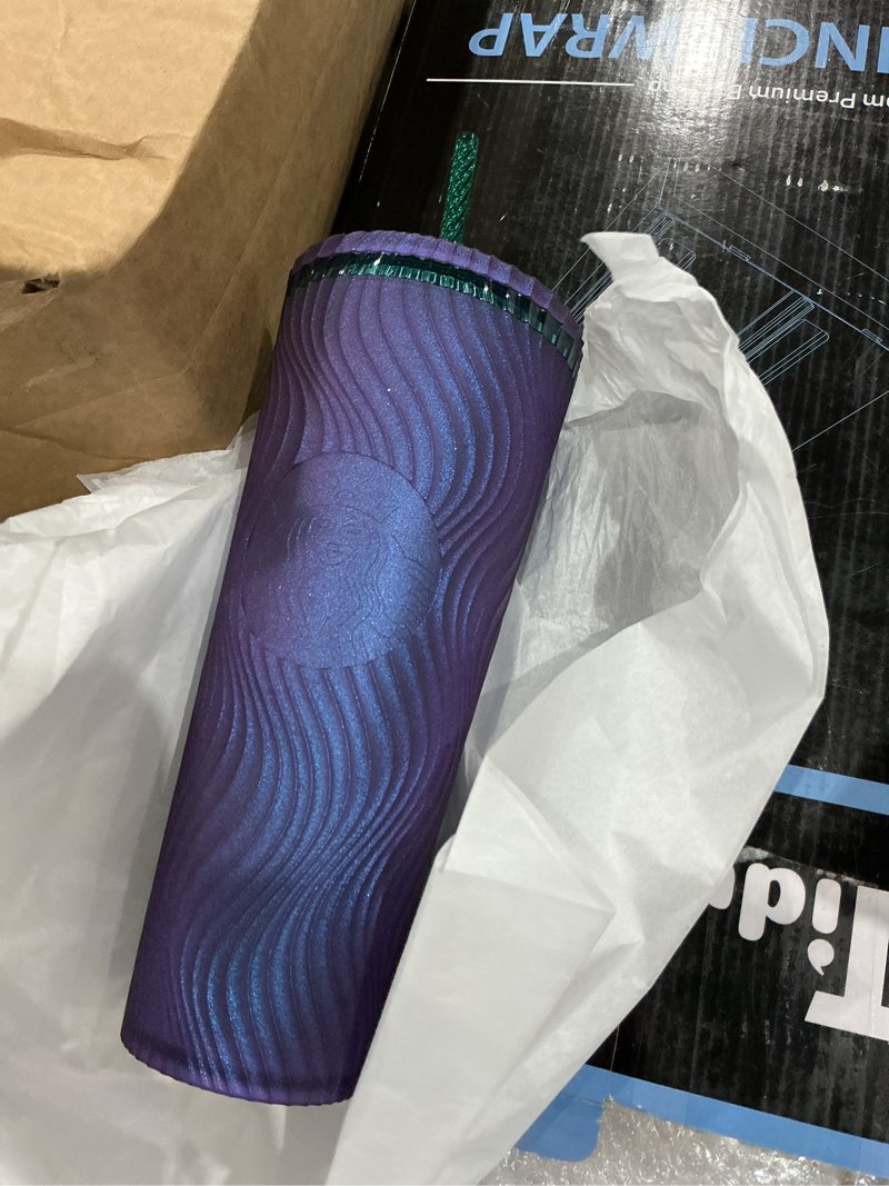 Condition photo showing As Is for 4 pack starbucks wavy plastic cold cup, 24 oz, reusable tumbler with straw and lid, textured wave design, bpa-free, purple with embossed siren logo
