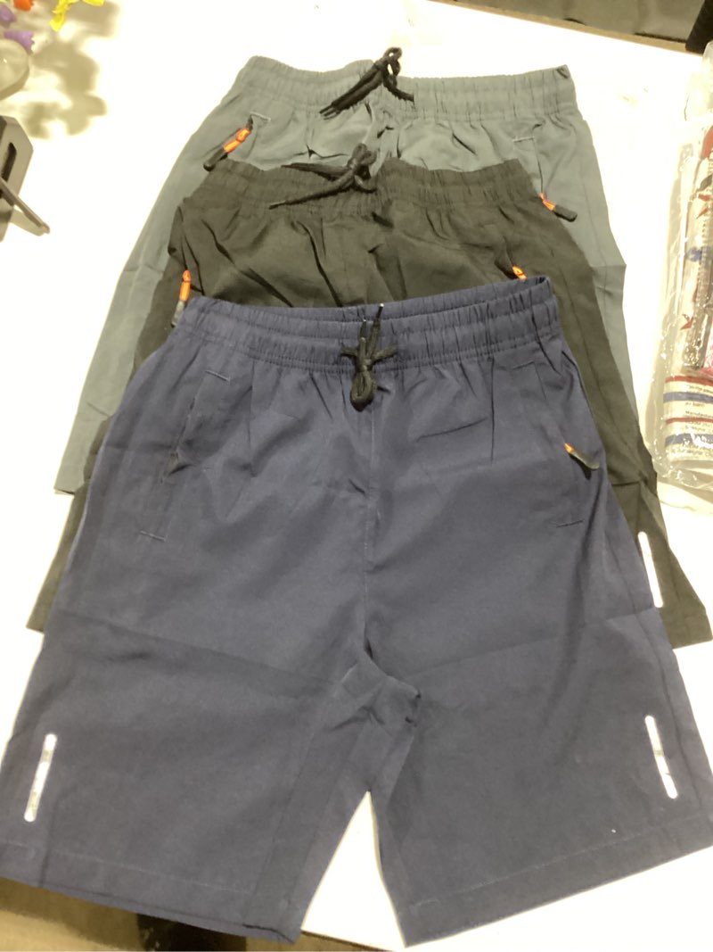 Condition photo showing Good Condition for boys athletic shorts 3-pack, kids lightweight quick dry shorts with zipper pockets for basketball, soccer 8 black+dark gray+navy blue