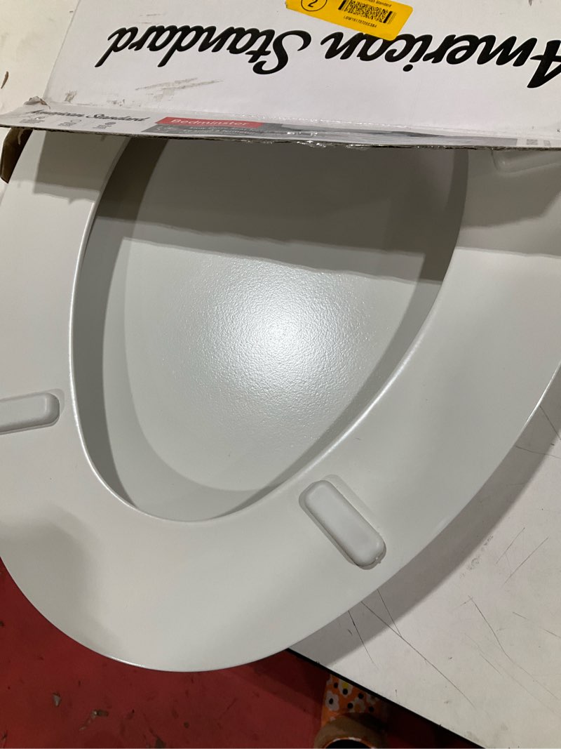 Condition photo showing As Is for american standard bedminster wood white elongated soft close toilet seat