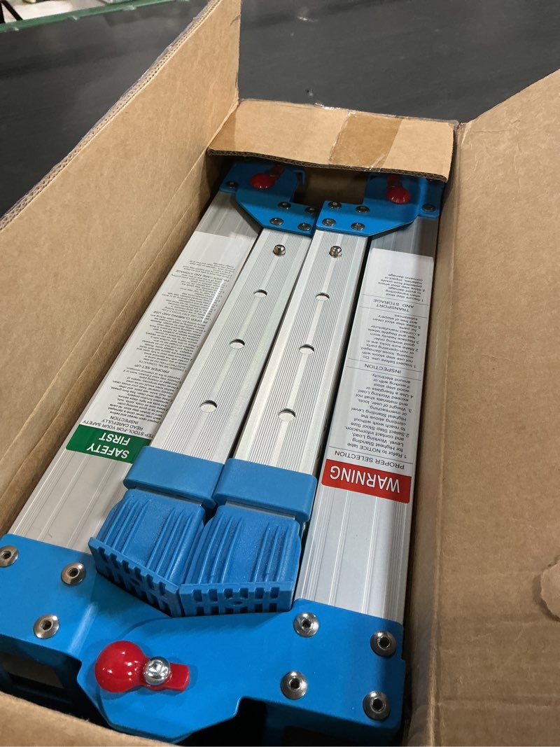 Condition photo showing Good Condition for Work Platform 500 Lbs, Foldind Step Stool with One-Touch Automatic Fold, 4 Height Adjustment Step Platform, Perfect for RV Cleaning, Home Painting and Reaching High Places, Larger, Blue Larger Blue