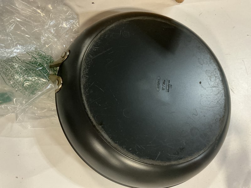 Condition photo showing As Is for OXO Enhanced 12" Frying Pan Skillet, PFAS-Free Ceramic Nonstick, Durable Hard Anodized Cookware, Scratch Resistant, Stainless Steel Handle, Good Grips, Dishwasher & Oven safe, Black