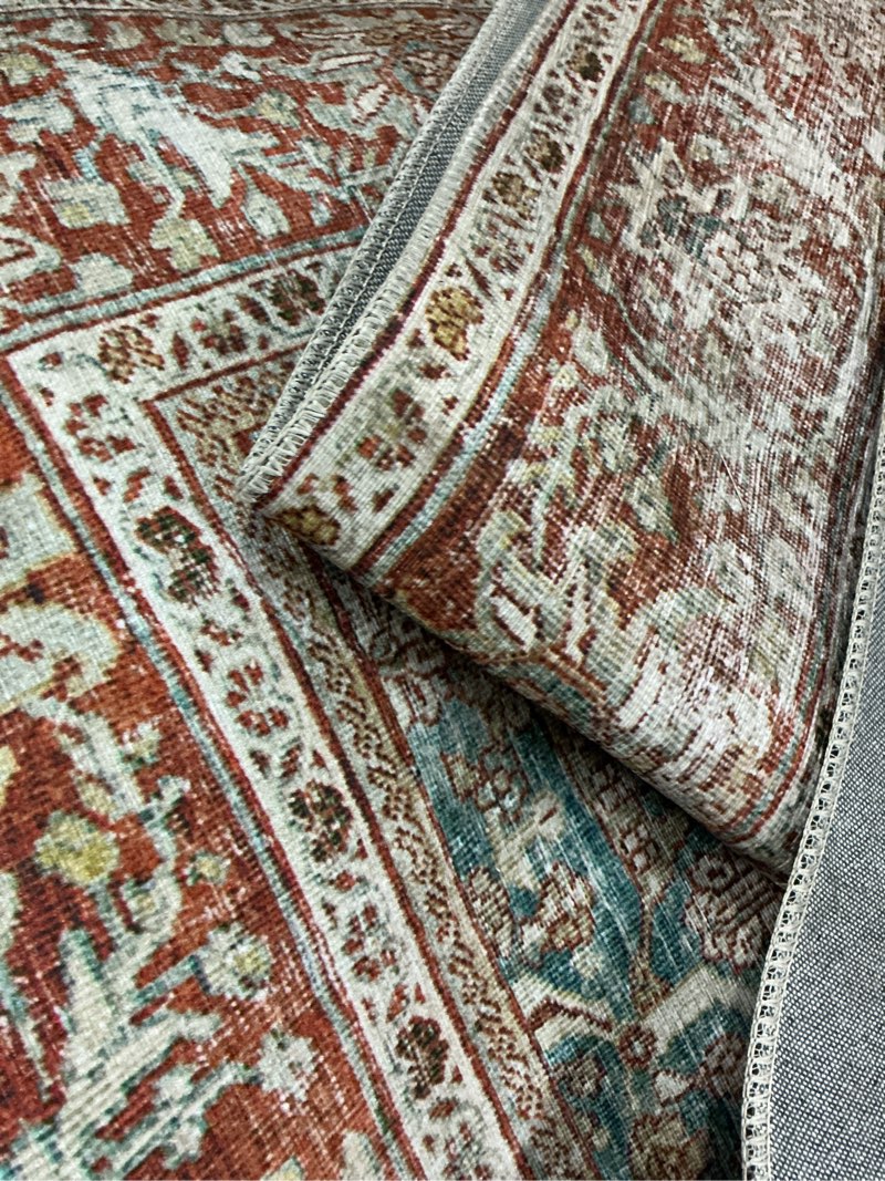 Condition photo showing As Is for loloi layla collection lay-04 ocean/rust 7'-6" x 9'-6" .13" thick area rug, soft, durable, vintage inspired, distressed, low pile, non-shedding, easy clean, printed, living room rug 7'6" x 9'6" (rectangular) ocean / rust