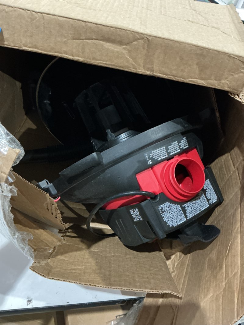 Condition photo showing As Is for shop-vac 5761311 12-gallon wet/dry shop vacuum, 6 peak hp, 1.5 inch diameter x 7 foot hose, 20 foot cord, ideal for home, garage, and workshop cleaning