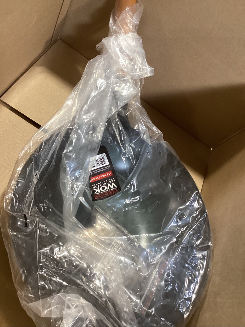 Condition photo showing Good Condition for yosukata 13.5" carbon steel wok pan – pre-seasoned flat bottom pow wok for stir fry, bbq, grill & camping – traditional japanese chinese cookware – compatible with induction, electric, gas, open fire