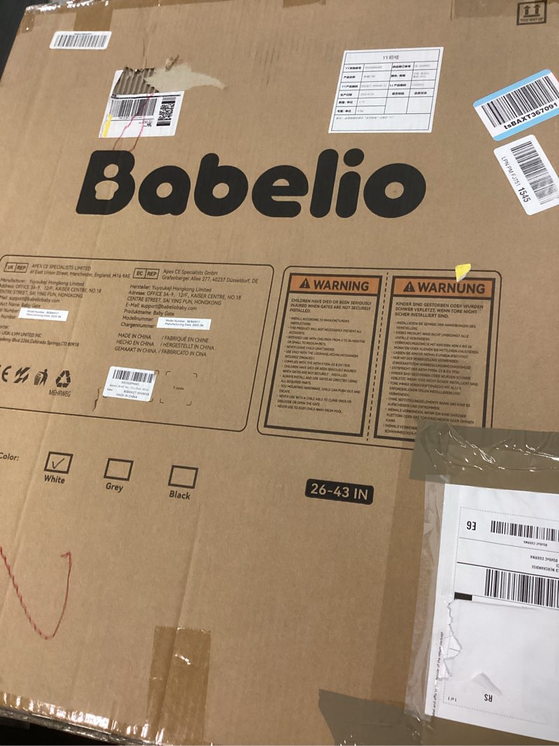 Condition photo showing New/Like New for babelio baby gate for stairs, kitchen & doorways, 26-43" w 28" h no bottom bar| easy installation| one-handed operation| auto-close| hardware mount (drill needed) safety dog/pet gate indoor (white)