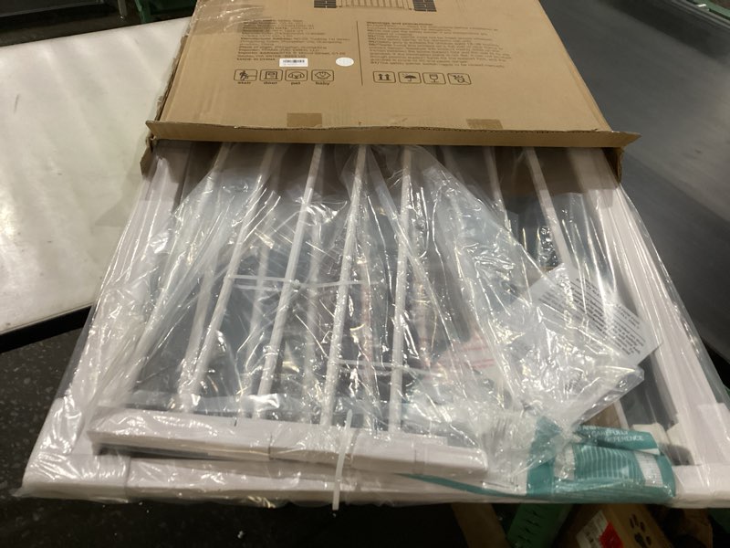 Condition photo showing New/Like New for 36.2" Extra Tall Baby Gate for Stairs, 29.5-46" Wide Dog Gate for Doorways, Walk Thru Auto Close Metal Child Gate for The House, Stairs and Doorways, Pet Gate Pressure Mounted Dog Gate Indoor (White) White 29.5-46"W x 36.2"H