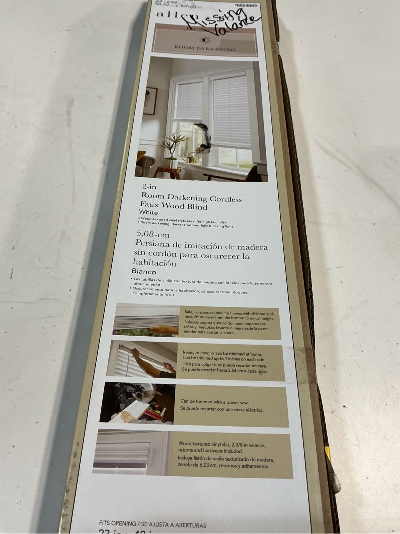 Condition photo showing Good Condition for 500+ bought last week allen + roth Trim at Home 2-in Slat Width 23-in x 42-in Cordless White Faux Wood Room Darkening