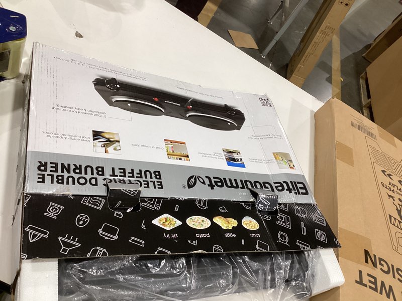 Condition photo showing Good Condition for Elite Gourmet EDB-302BF# Countertop Double Cast Iron Burner, 1500 Watts Electric Hot Plate, Temperature Controls, Power Indicator Lights, Easy to Clean, Black