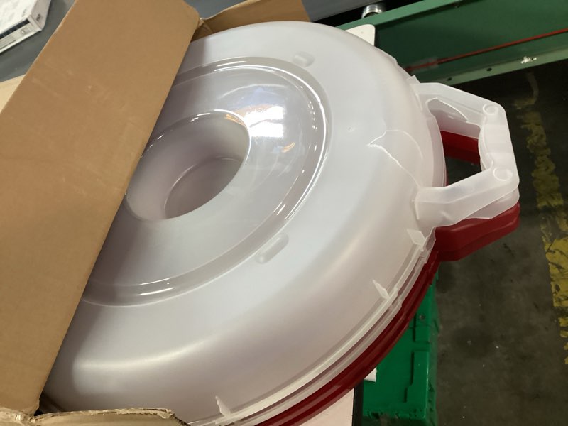 Condition photo showing As Is for IRIS USA 24" Wreath Storage Container With Latches and Handle, 2 Pack, For Holiday Garland/Wreath, Holiday Decorations, and Heavy Duty, Portable, High Protection, and Space Saving Storage, Clear/Red 24" Wreath - 2-Pack