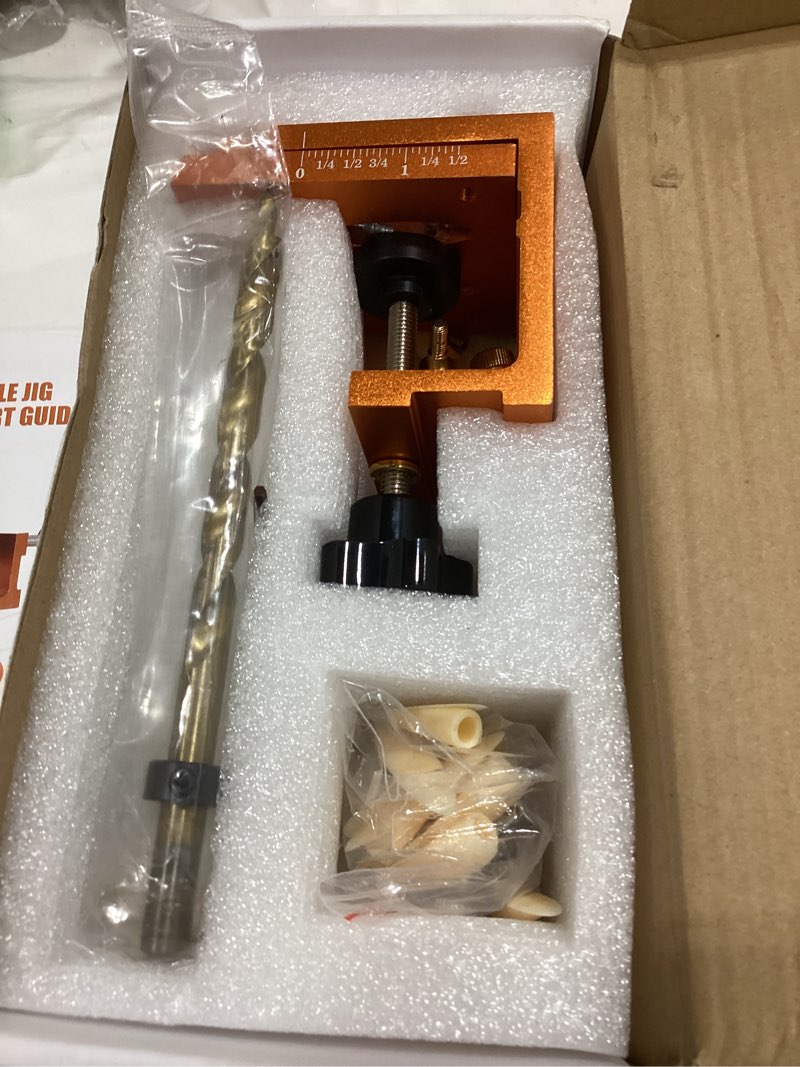 Condition photo showing Good Condition for pocket hole jig kit, pocket hole drill guide jig set for 15° angled holes, adjustable angle grill guide pocket screw jig with screws, wood plugs & allen wrench for woodworking