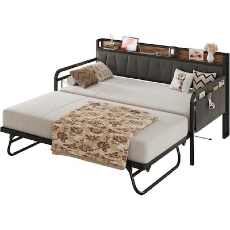 Likimio 43.7-in W Grey Twin Bed Frame with Storage Headboard and Charging Station