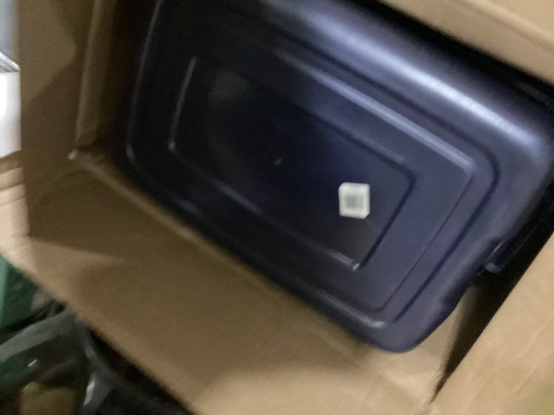 Condition photo showing As Is for Rubbermaid Roughneck Tote Variety - |Made in the USA| Dark Indigo Metallic, Rugged Plastic Stackable Storage Tote with Lid and Handles (Pack of 10) Variety - 10 Pack