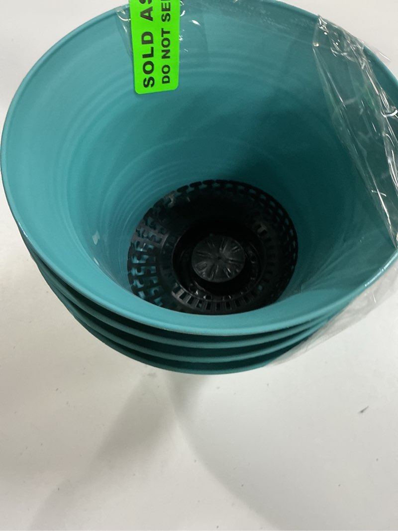 Condition photo showing New/Like New for The HC Companies 7 Inch Sedona Round Self Watering Planter Pots, Lightweight UV-Resistant Plastic Indoor & Outdoor Planters, 4-Pack Flower Pots for Garden & Home Decor, Dusty Teal Dusty Teal 7" Pack of 4