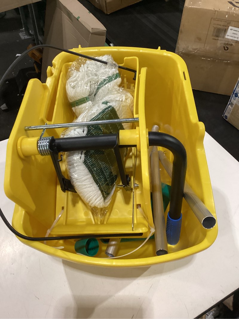 Condition photo showing New/Like New for press wringer combo commercial rectangular mop bucket on wheels, 35-quart, yellow,add one commercial mop and one set rubber gloves