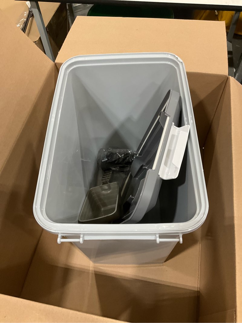 Condition photo showing Good Condition for iris usa dog food storage container with wheels, airtight lid, 2-cup scoop, up to 30 pounds pet food storage, built in scoop storage in lid, versatile pet food bin, portable, bpa free, gray/dark gray 30 lbs gray/dark gray