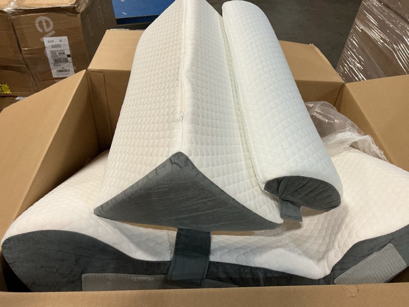 Condition photo showing As Is for Bedluxe Wedge Pillow Headboard, 3PCS Orthopedic Bed Wedge Pillows Set for After Surgery, Adjustable Pillow Wedge for Acid Reflux&Back Pain Relief, Sleeping, Back Pillow for Bed Sitting Up, White/Grey White/Grey Adjustable 9&12 Inch + 1 Head Pillow