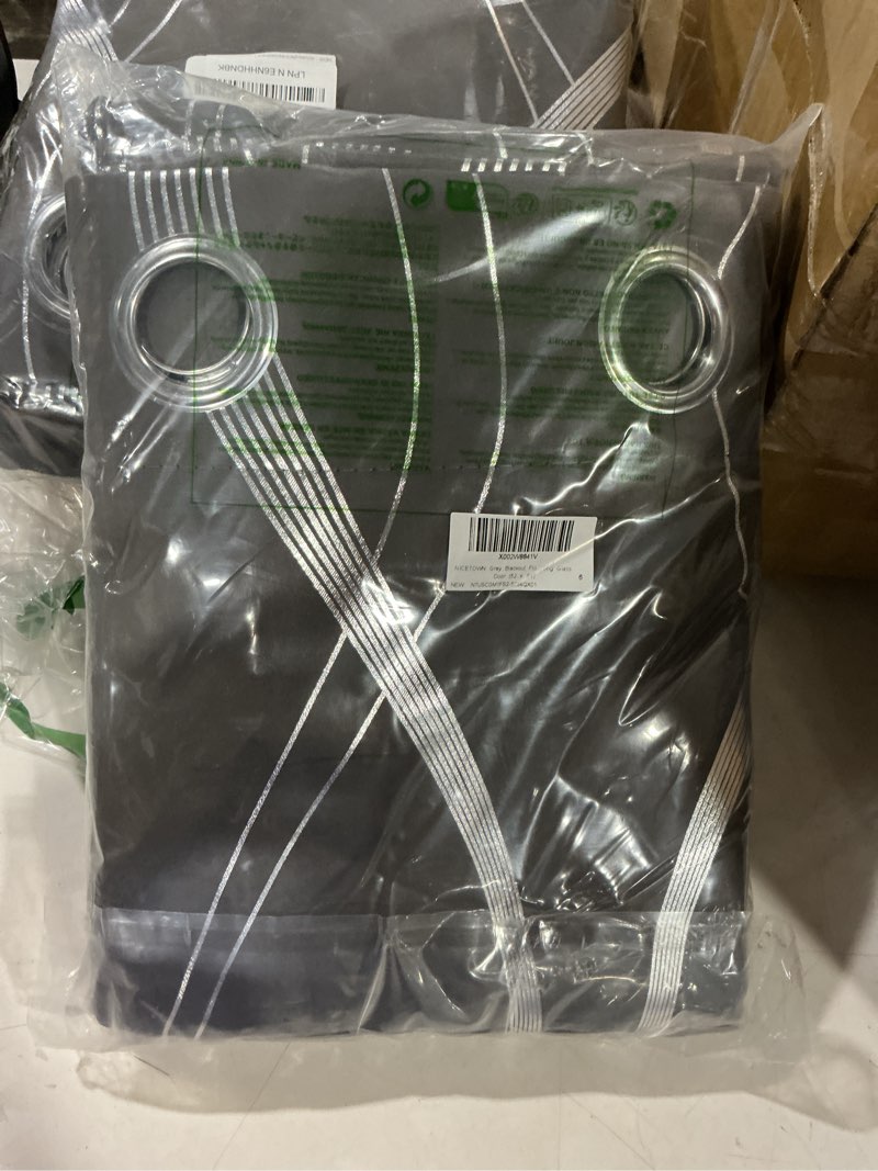 Condition photo showing Good Condition for nicetown grey blackout striped pattern curtains for living room 84 inch long 2 panels set, noise reducing thermal insulated wave line foil print bedroom drapes for patio sliding glass door (52 x 84) 1 - grey 52"w x 84"l (pack of 2)