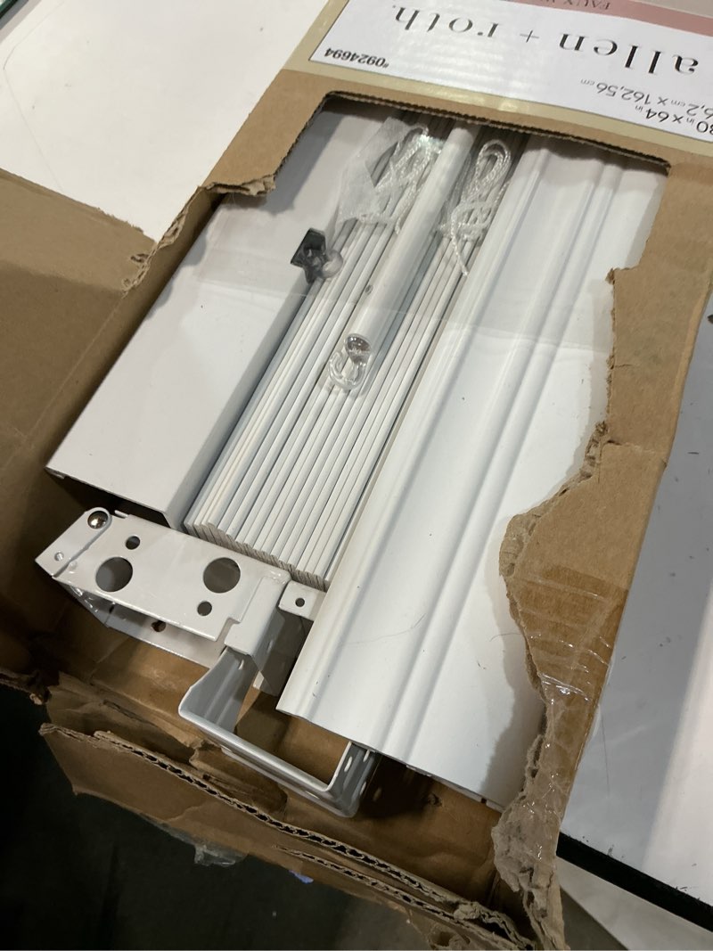 Condition photo showing As Is for allen + roth trim at home 2-in slat width 30-in x 64-in cordless white faux wood room darkening horizontal blinds