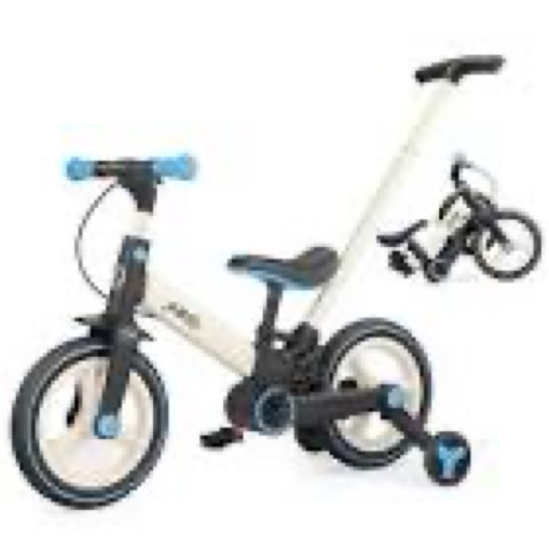jmmd 6 in 1 toddler bike with push handle for kids 18-60 months, 12\\\" foldable balance bike with training wheels, pedals, brakes, kickstand, push tricycle toddler gift & toys for boy & girl white large