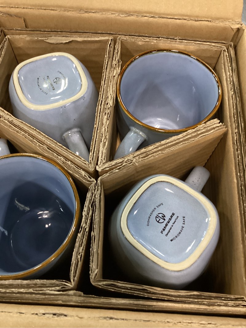 Condition photo showing New/Like New for famiware coffee mugs set of 4, ocean square 13oz coffee cup set with handle for cocoa, milk, hot chocolate, tea, water, stoneware cups for kitchen, microwave and dishwasher safe, blue 4pcs ocean square-blue