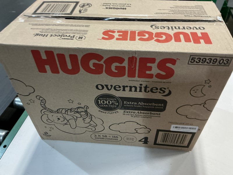 Condition photo showing New/Like New for huggies size 4 overnites baby diapers: overnight diapers, size 4 (22-37 lbs), 116 ct (2 packs of 58), packaging may vary size 4 116