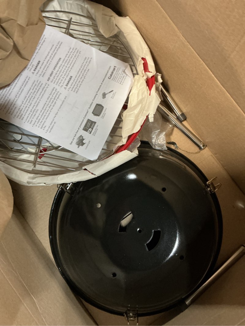 Condition photo showing As Is for cuisinart 14" portable charcoal grill, tabletop outdoor small grill with locking lid and dual vents, chrome plated travel size bbq perfect for camping, tailgates, cookouts, red portable charcoal grill, 14" (red) charcoal grill