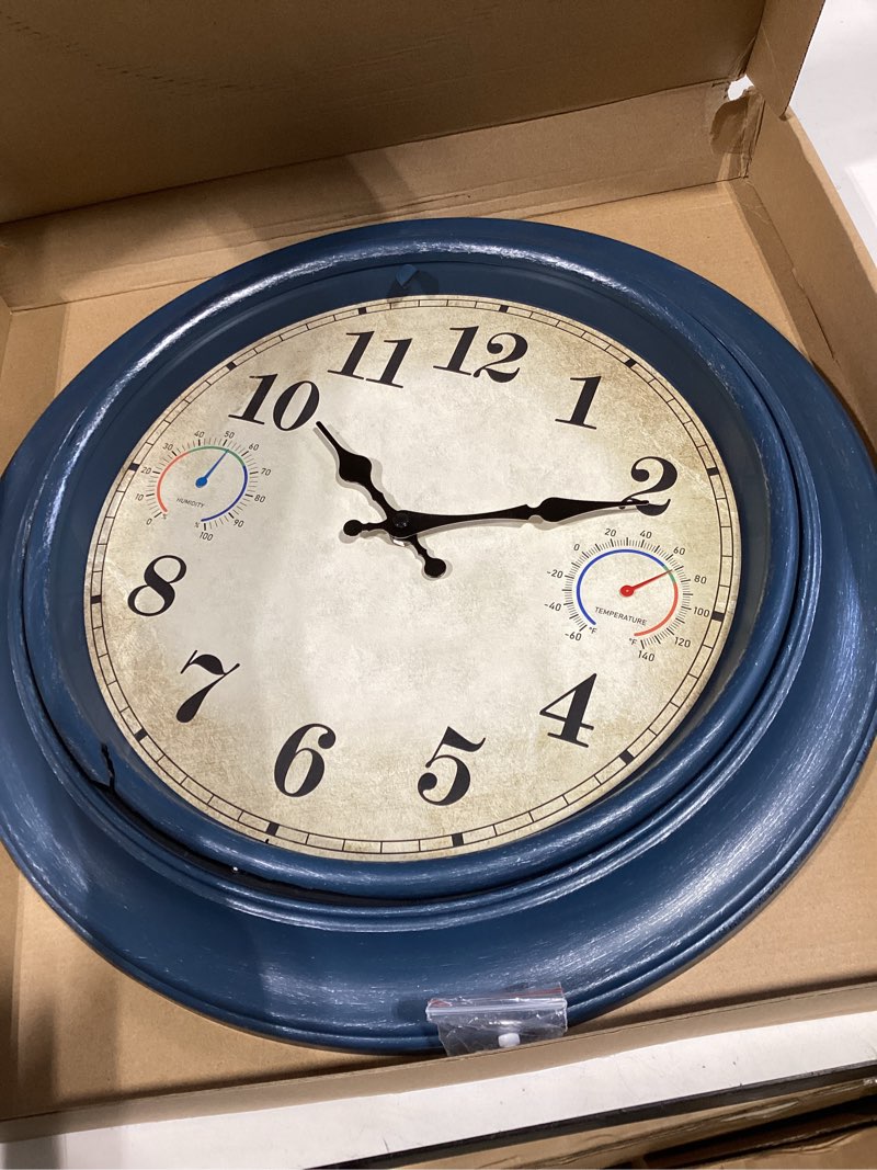 Condition photo showing As Is for 18 inch large outdoor wall clock with thermometer & hygrometer, waterproof retro blue garden clock for patio, pool, backyard, farmhouse decor, silent non-ticking 18 blue