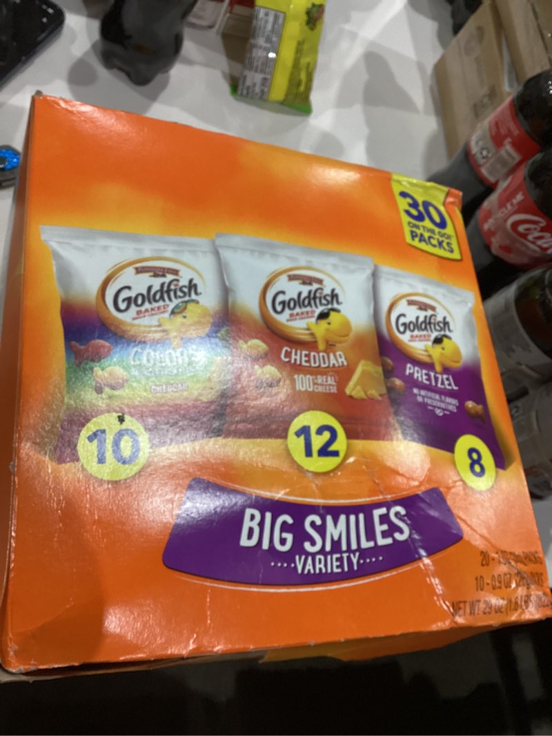 Condition photo showing Good Condition for Goldfish Crackers Big Smiles Variety Pack with Cheddar, Colors, and Pretzels, Snack Packs, 30 Ct