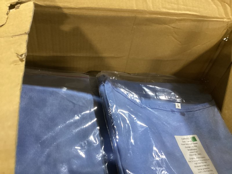 Condition photo showing As Is for (similar to )disposable ppe isolation medical gowns 100-pack – level 2, full back coverage, double tie closure, sms 35g material, knit cuffs, unisex, professional blue for healthcare & lab use