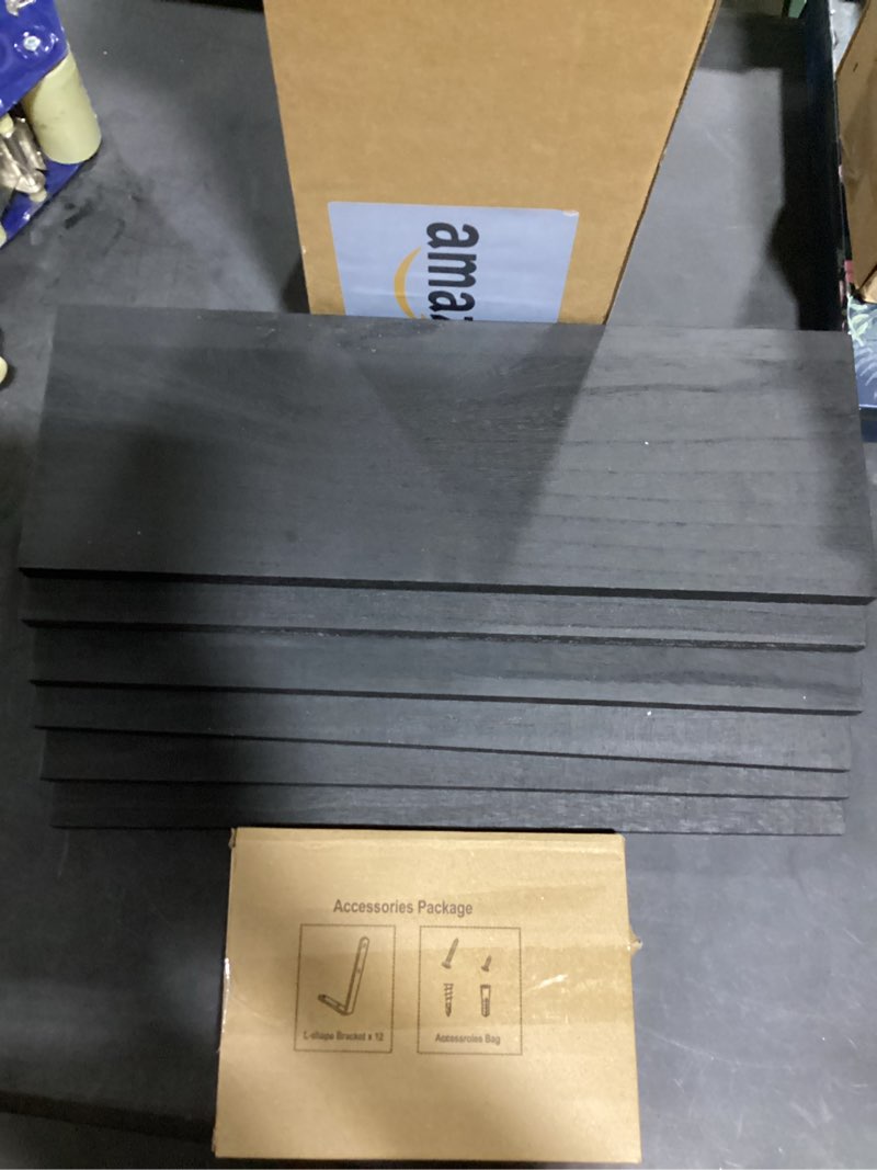 Condition photo showing New/Like New for WOPITUES Wood Floating Shelves Set of 6, Shelves for Wall Decor, Farmhouse Shelf for Bedroom, Bathroom Storage Shelves, Book Shelves for Living Room-Black 16.5 Inch Black