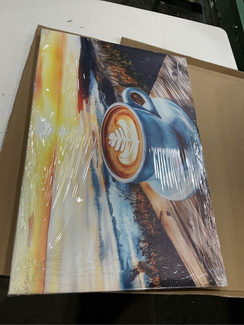 Condition photo showing Good Condition for Sunset Over Ocean Coffee Cup Painting Canvas Wall Art Framed Print Latte Art Leaf Detail Coastal Wall Decor Kitchen Art Relaxing Seascape Artwork for Living Room Coffee Bar Decor 16x24 Inches