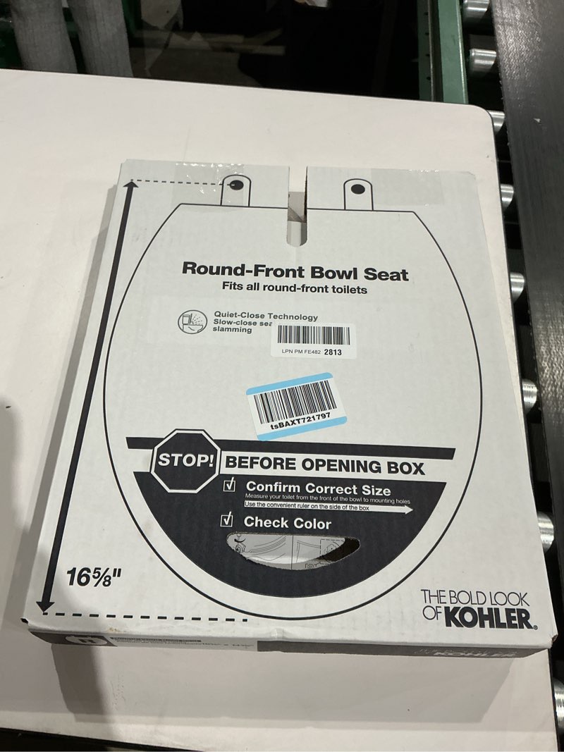 Condition photo showing New/Like New for kohler 20111-0 brevia, slow close toilet seat, round toilet seat, grip-tight bumpers quick-attach hardware, white