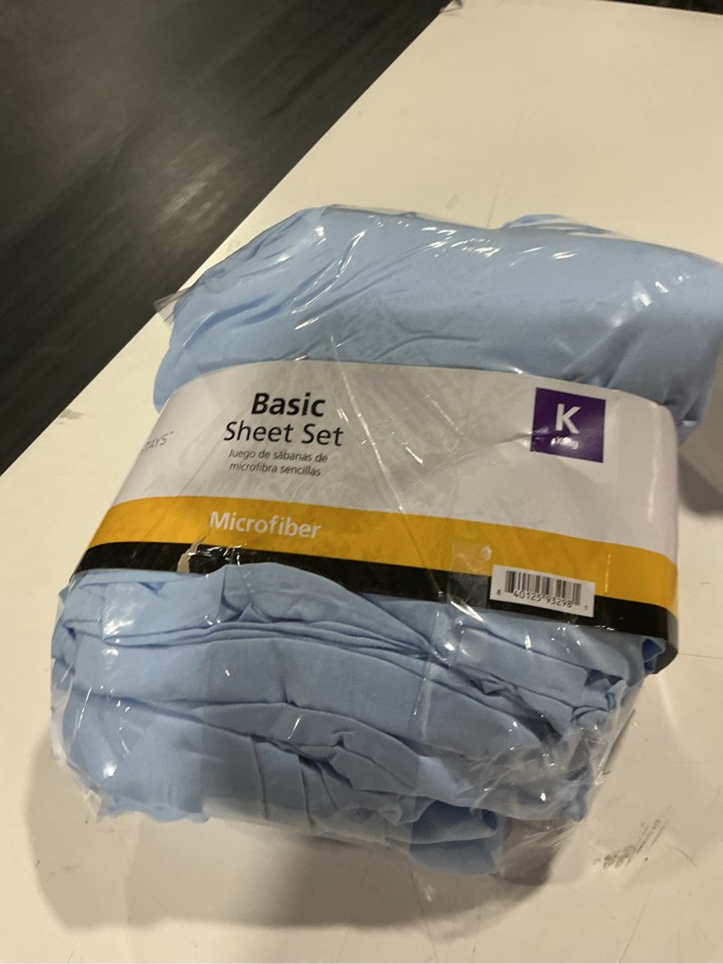 Condition photo showing As Is for mainstays basic value microfiber bed sheet set, light blue, queen, 4 piece