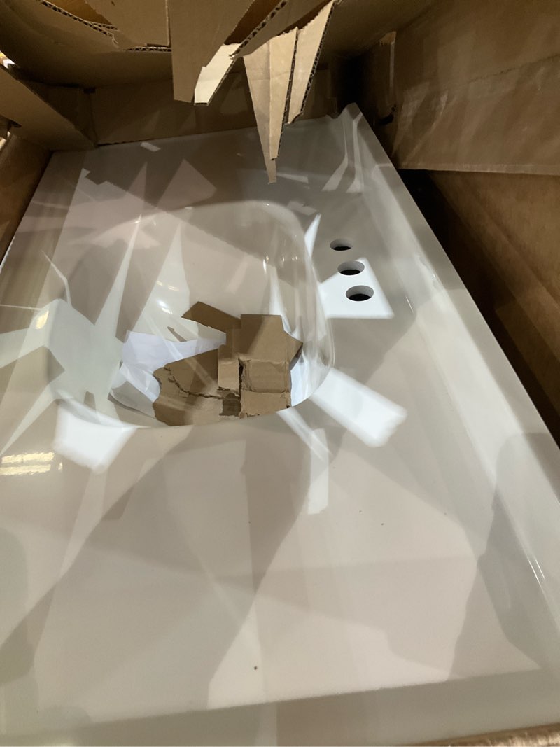 Condition photo showing As Is for project source 36-in white single sink bathroom vanity with white cultured marble top