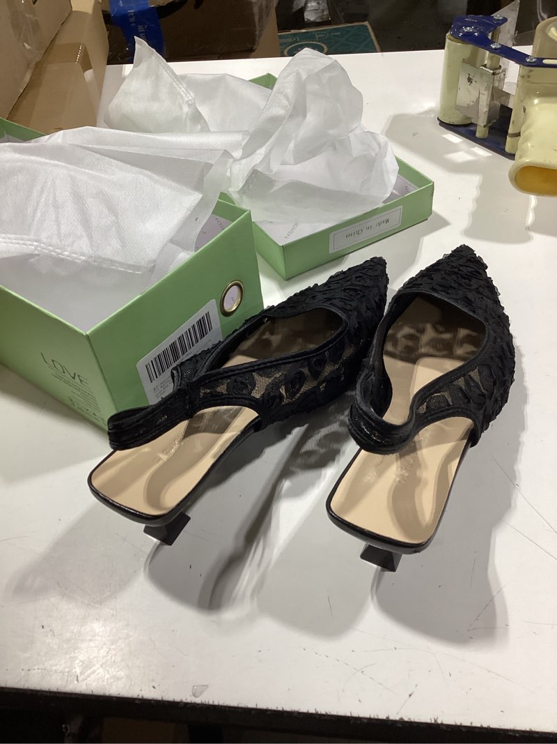 Condition photo showing Good Condition for slingback wedding heels for women bridal lace mesh kitten heel closed pointed toe pearl pumps shoes 8.5 black lace