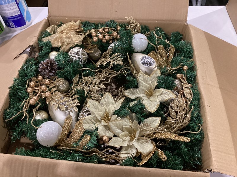 Condition photo showing New/Like New for wanna-cul pre-lit 24 inch lighted christmas wreath for front door champagne gold christmas door wreath decor with ball ornaments, poinsettia flowers,ribbon,pine cones,battery operated 30 led lights 04-champagne gold