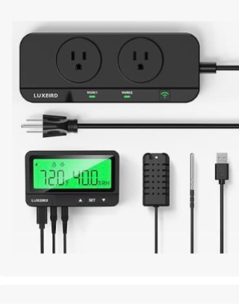 luxbird wifi temperature & humidity controller ltc-318-w, smart thermostat humidistat outlet with split monitor, dual-zone temperature humidity, app control for grow tent greenhouse reptile terrarium