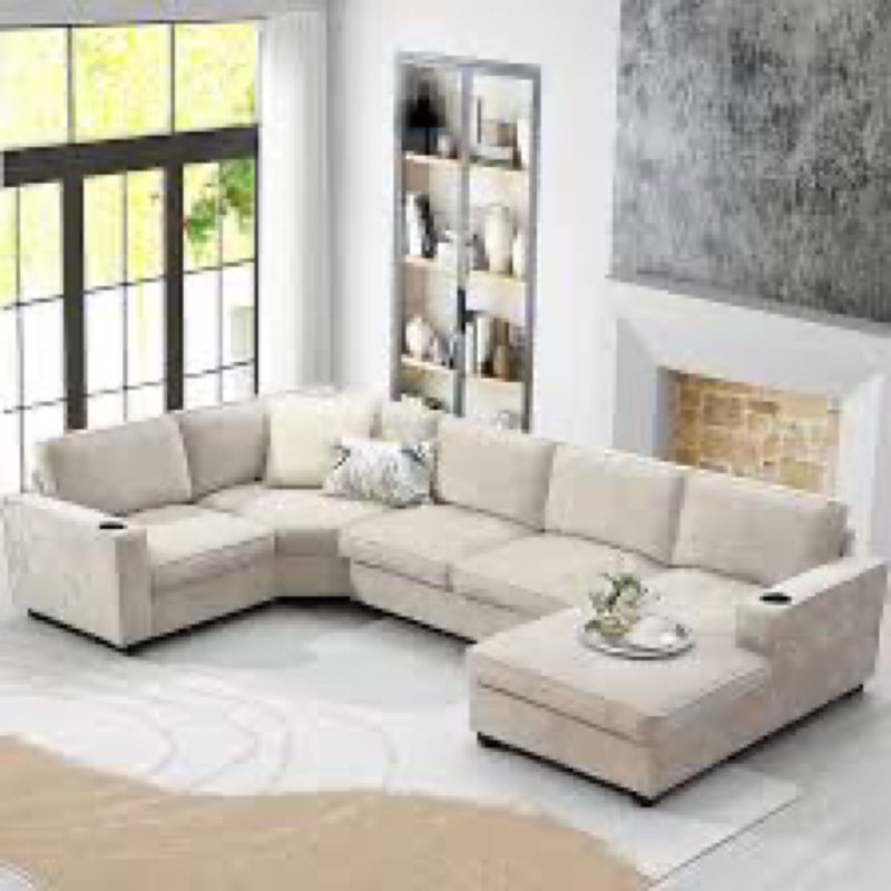 (Incomplete 1pc box only) U Shaped Sectional Sofa,6 Seat Chenille Couch Set with Oversized Chaise Lounge,Irregular Corner,Deep Seat Comfy Sofa with Cup Holders for Living Room,Apartment Beige
