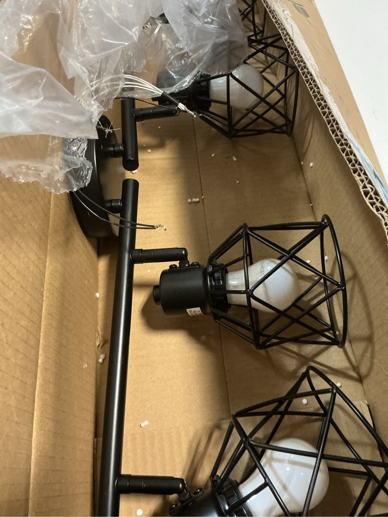 Condition photo showing As Is for 4-Lights Semi Flush Mount Ceiling Light, Adjustable Multi-Directional Light Fixtures, Rotatable Farmhouse Light Fixtures Mount with Metal Cage for Dining Room, Living Room Black 4-Light