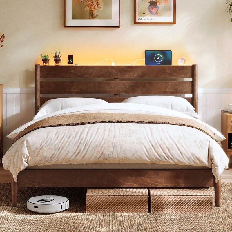 songmics home queen bed frame with headboard, led lights & charging station, solid wood legs and sla