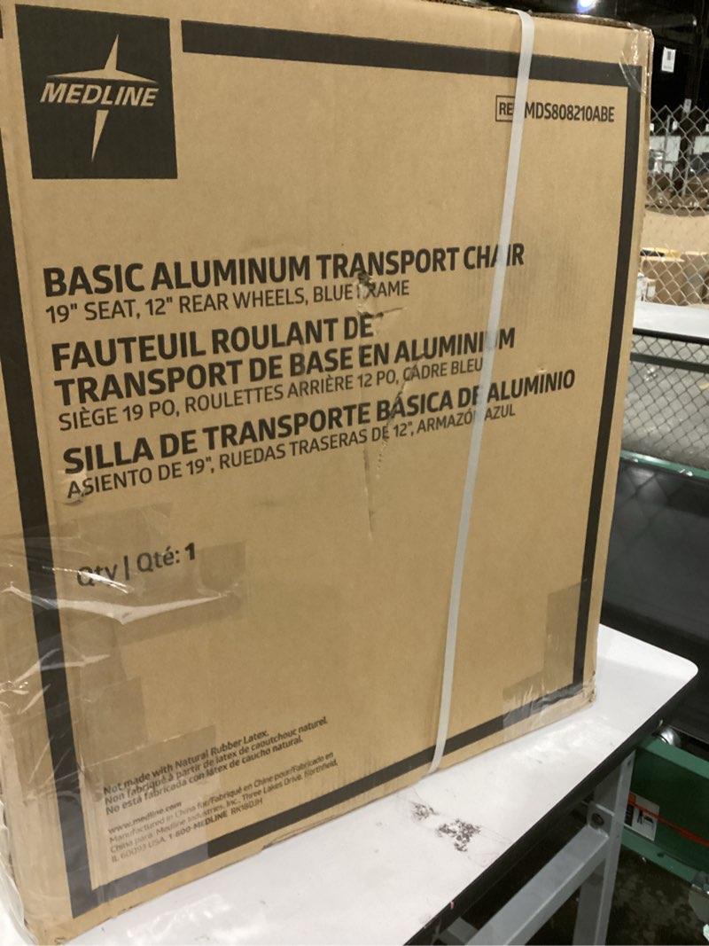 Condition photo showing New/Like New for Medline Lightweight Foldable Transport Wheelchair with Handbrakes and 12-Inch Wheels  Blue Frame  Black Upholstery
