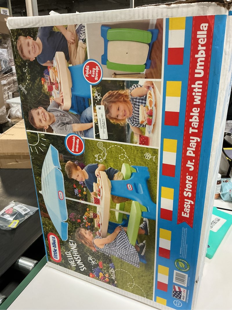 Condition photo showing New/Like New for Little Tikes Easy Store Jr. Picnic Table with Umbrella - Blue / Green Blue/Green Onesize
