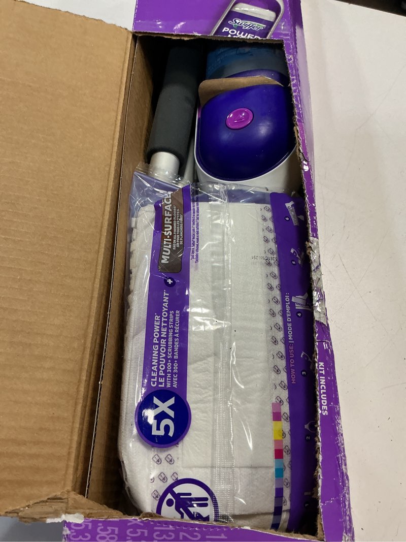 Condition photo showing Good Condition for swiffer powermop multi-surface mop kit for floor cleaning, fresh scent, mopping kit includes powermop, 2 mopping pad refills, 1 floor cleaning solution with fresh scent and 2 batteries purple and white
