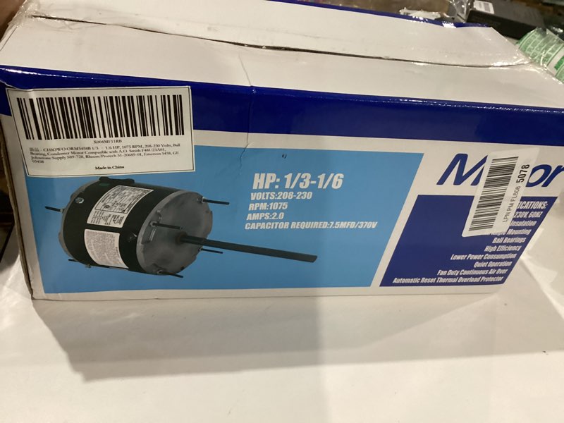 Condition photo showing As Is for ORM5458B 1/3 – 1/6 HP, 1075 RPM, 208-230 Volts, Ball Bearing, Condenser Motor Compatible with A.O. Smith F48U23A01, Johnstone Supply S89-728, Rheem/Protech 51-20689-01, Emerson 5458, GE 03458