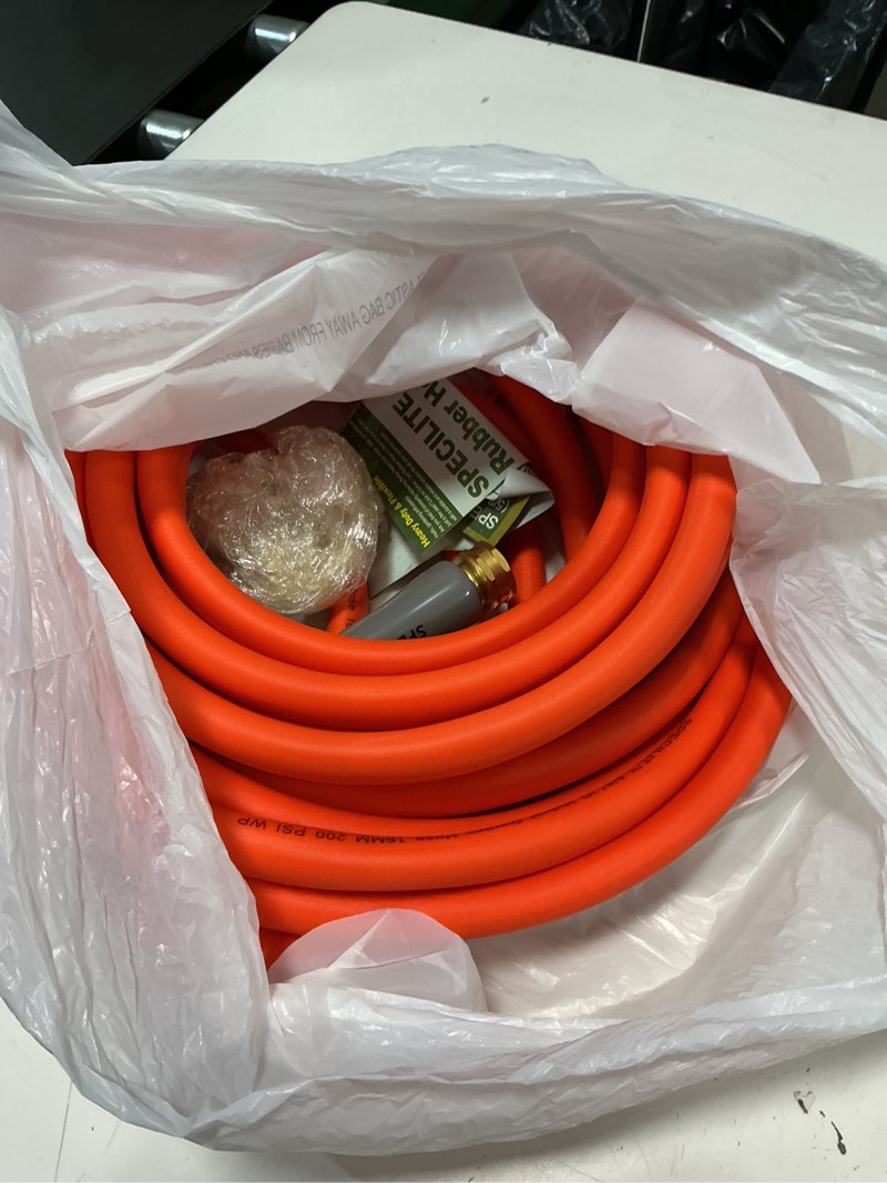 Condition photo showing As Is for specilite garden hose 50 ft x 5/8 in heavy duty, flexible and lightweight water hose, burst 600 psi, kink-less hybrid rubber hose for backyard, 3/4'' brass fittings 5/8" orange 50ft