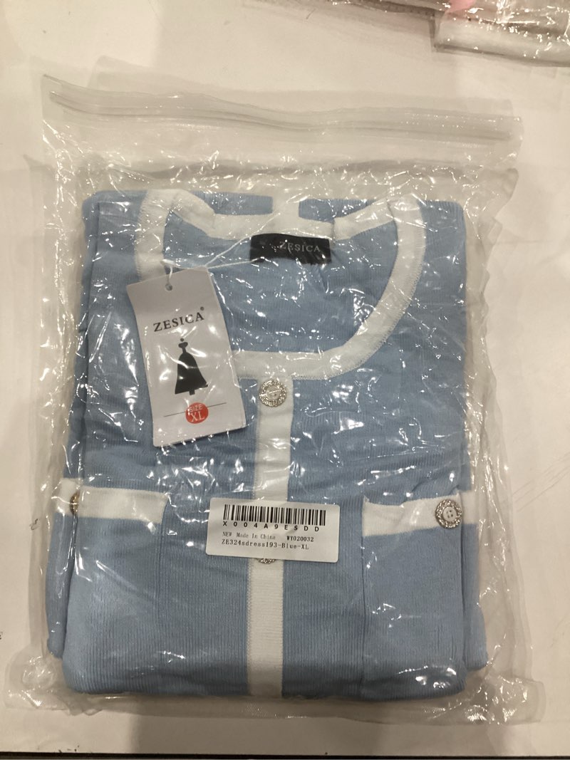 Condition photo showing As Is for ZESICA Fall Dresses for Women 2025 Long Sleeve Button Color Block Knit Bodycon Short Sweater Dresses with Pockets X-Large Blue