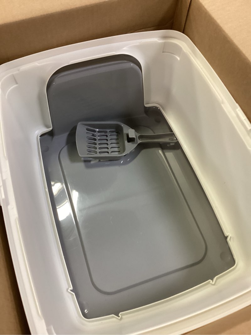 Condition photo showing Good Condition for amazon basics large cat litter box with high sides, open top, includes scoop, 19 x 15 x 11.75 inches, grey/beige grey/beige open top